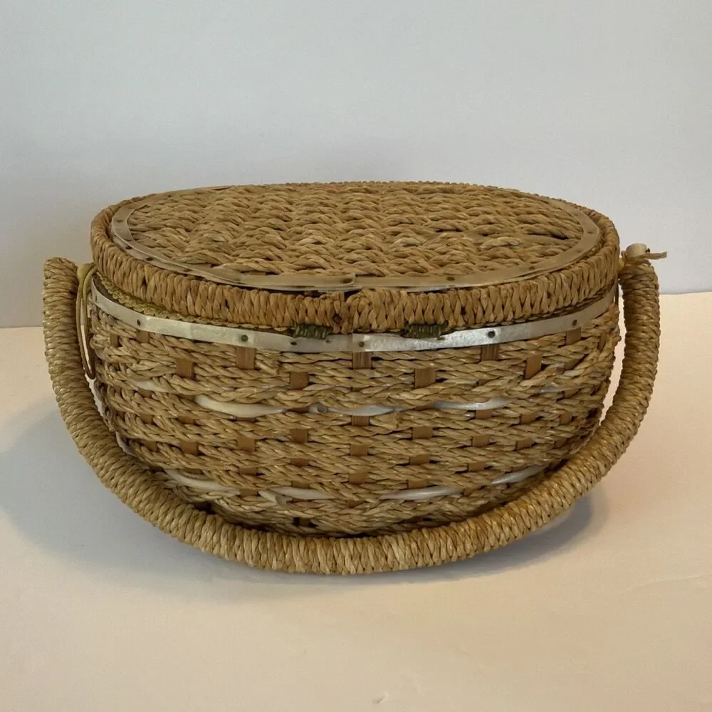 Dritz Sewing Basket Oval Woven Wicker Scovill Yellow Interior w Handle Vintage